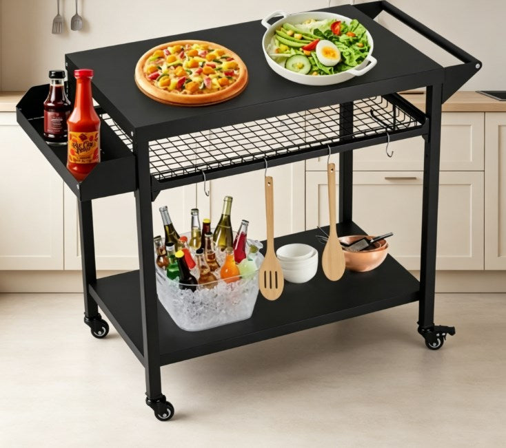 Mobile Outdoor Grill Cart and BBQ Prep Table - 3-Tier Pizza Oven Stand with Mesh Storage Rack & Utensil Hooks - Heavy Duty Rolling Bar Cart for Patio & Backyard