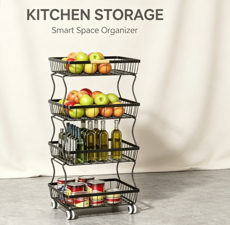 Multi-Functional 4-Tier Slim Utility Rack - Mobile Kitchen Pantry Organizer with Smooth-Gliding Casters and Wire Mesh Shelves