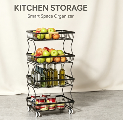 Multi-Functional 4-Tier Slim Utility Rack - Mobile Kitchen Pantry Organizer with Smooth-Gliding Casters and Wire Mesh Shelves