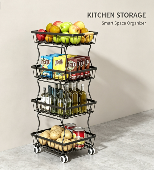 Multi-Functional 4-Tier Slim Utility Rack - Mobile Kitchen Pantry Organizer with Smooth-Gliding Casters and Wire Mesh Shelves