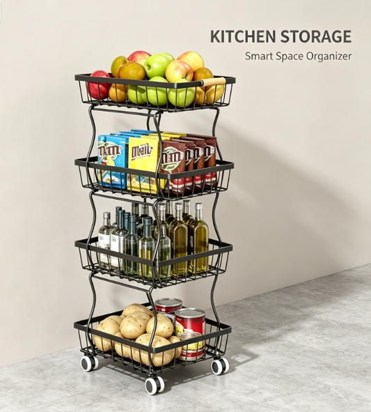 Multi-Functional 4-Tier Slim Utility Rack - Mobile Kitchen Pantry Organizer with Smooth-Gliding Casters and Wire Mesh Shelves