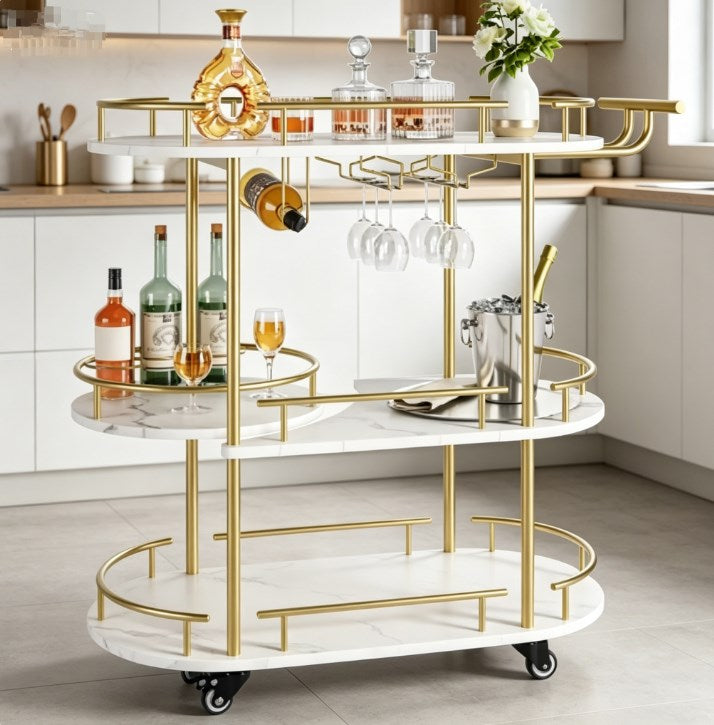 4-Tier Gold Bar Cart with Wine Rack and Glass Holder - Mobile Home Bar Serving Cart on Wheels - Luxurious Liquor Trolley & Kitchen Storage Organizer