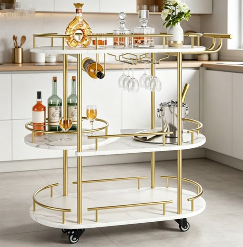 4-Tier Gold Bar Cart with Wine Rack and Glass Holder - Mobile Home Bar Serving Cart on Wheels - Luxurious Liquor Trolley & Kitchen Storage Organizer