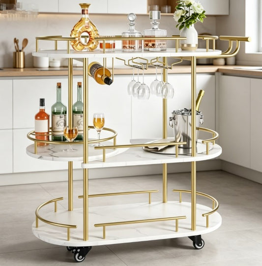 4-Tier Gold Bar Cart with Wine Rack and Glass Holder - Mobile Home Bar Serving Cart on Wheels - Luxurious Liquor Trolley & Kitchen Storage Organizer