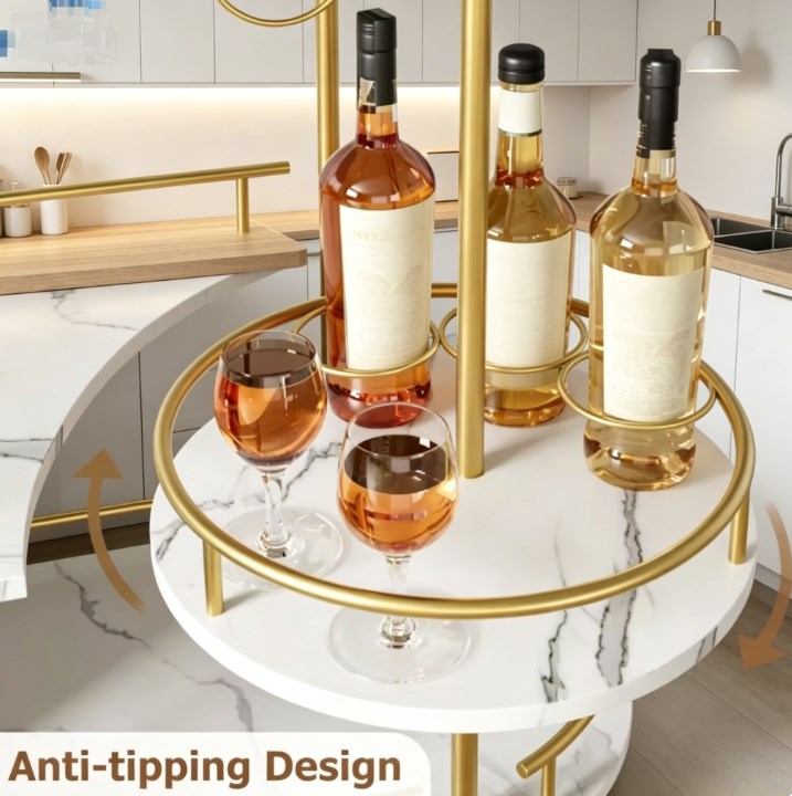 4-Tier Gold Bar Cart with Wine Rack and Glass Holder - Mobile Home Bar Serving Cart on Wheels - Luxurious Liquor Trolley & Kitchen Storage Organizer