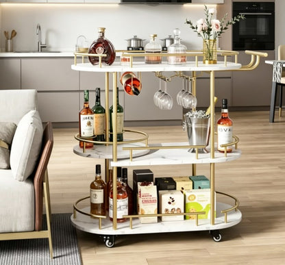 4-Tier Gold Bar Cart with Wine Rack and Glass Holder - Mobile Home Bar Serving Cart on Wheels - Luxurious Liquor Trolley & Kitchen Storage Organizer