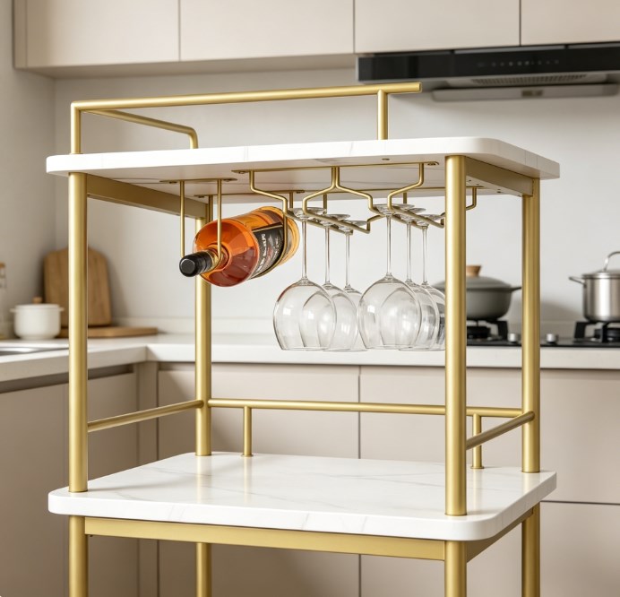 4-Tier Gold Bar Cart with Wine Rack and Glass Holder - Mobile Home Bar Serving Cart on Wheels - Luxurious Liquor Trolley & Kitchen Storage Organizer