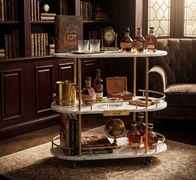 Modern 4-Tier Rolling Bar Cart with Built-in Wine & Stemware Storage - Elegant Gold Mobile Liquor Trolley for Home Entertainment