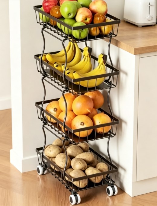 Compact 4-Tier Kitchen Organizer Cart - Slim Rolling Pantry Storage with Breathable Mesh Baskets - Mobile Snack Rack & Utility Trolley for Small Kitchen Spaces