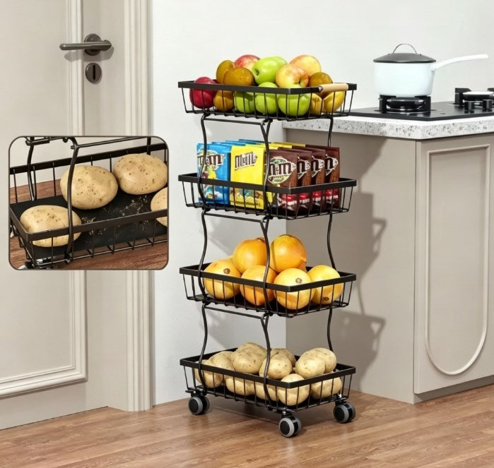 Compact 4-Tier Kitchen Organizer Cart - Slim Rolling Pantry Storage with Breathable Mesh Baskets - Mobile Snack Rack & Utility Trolley for Small Kitchen Spaces