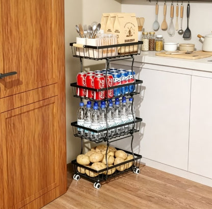 Compact 4-Tier Kitchen Organizer Cart - Slim Rolling Pantry Storage with Breathable Mesh Baskets - Mobile Snack Rack & Utility Trolley for Small Kitchen Spaces