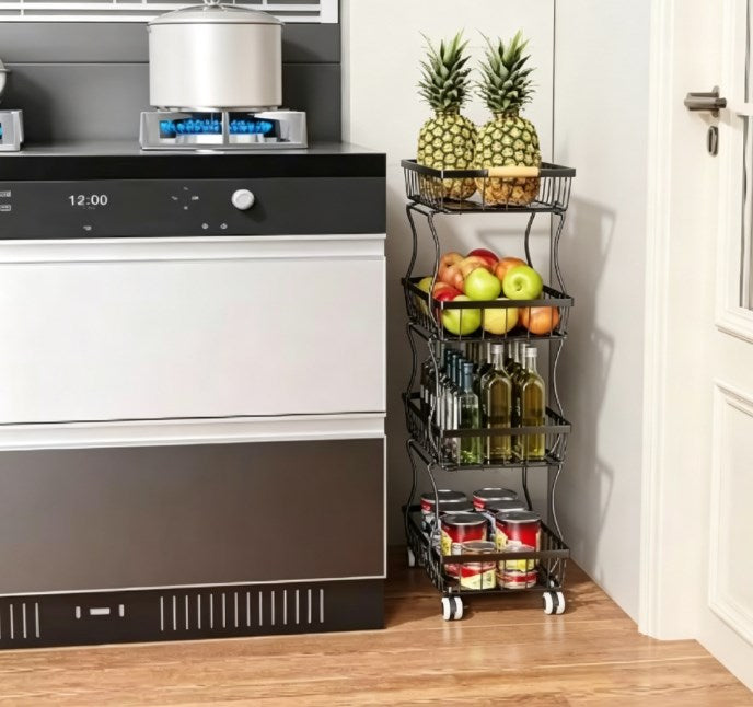 Compact 4-Tier Kitchen Organizer Cart - Slim Rolling Pantry Storage with Breathable Mesh Baskets - Mobile Snack Rack & Utility Trolley for Small Kitchen Spaces