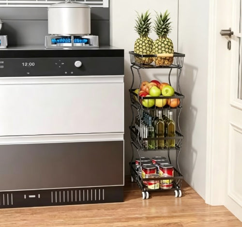 Compact 4-Tier Kitchen Organizer Cart - Slim Rolling Pantry Storage with Breathable Mesh Baskets - Mobile Snack Rack & Utility Trolley for Small Kitchen Spaces