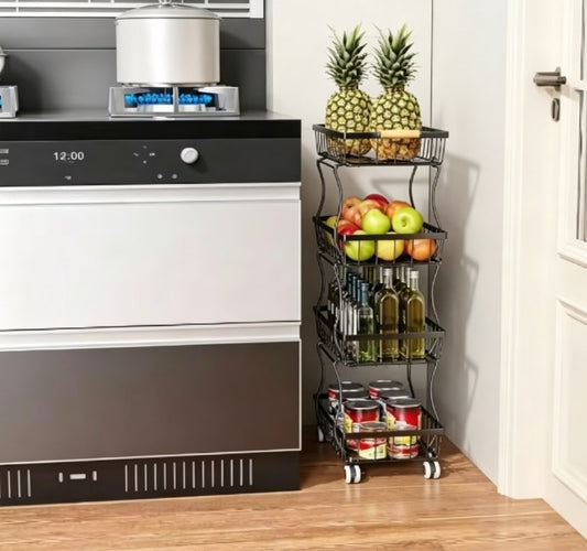 Compact 4-Tier Kitchen Organizer Cart - Slim Rolling Pantry Storage with Breathable Mesh Baskets - Mobile Snack Rack & Utility Trolley for Small Kitchen Spaces