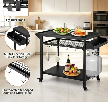 Mobile Outdoor Grill Cart and BBQ Prep Table - 3-Tier Pizza Oven Stand with Mesh Storage Rack & Utensil Hooks - Heavy Duty Rolling Bar Cart for Patio & Backyard