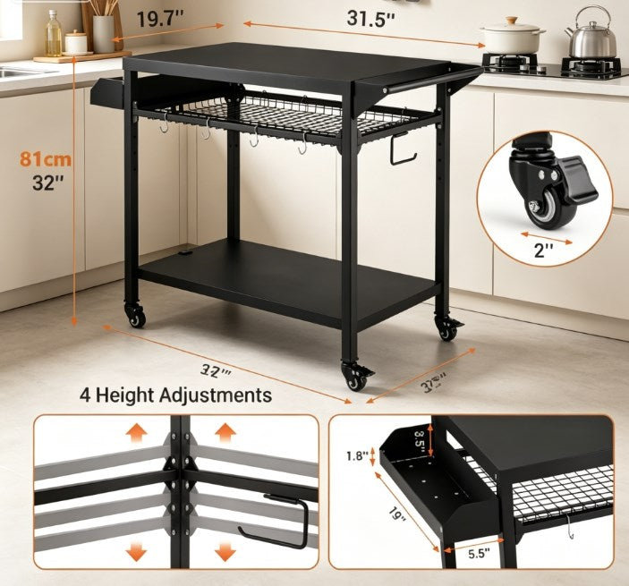 Mobile Outdoor Grill Cart and BBQ Prep Table - 3-Tier Pizza Oven Stand with Mesh Storage Rack & Utensil Hooks - Heavy Duty Rolling Bar Cart for Patio & Backyard