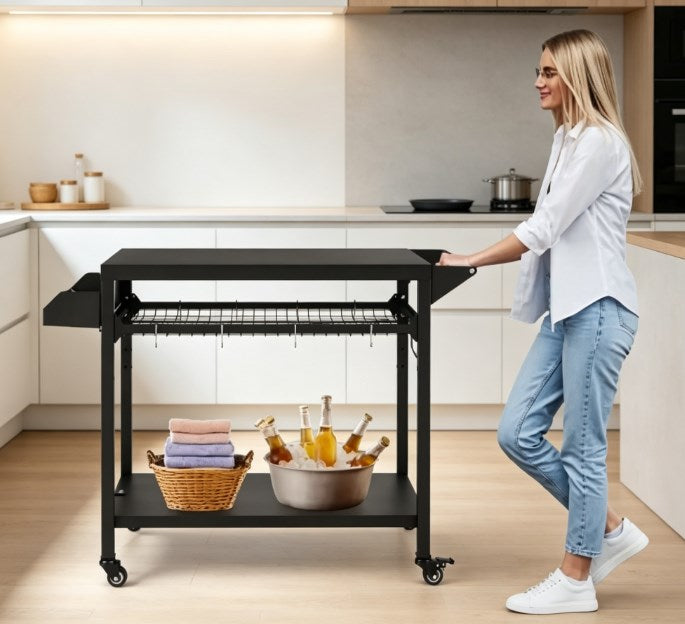 Mobile Outdoor Grill Cart and BBQ Prep Table - 3-Tier Pizza Oven Stand with Mesh Storage Rack & Utensil Hooks - Heavy Duty Rolling Bar Cart for Patio & Backyard