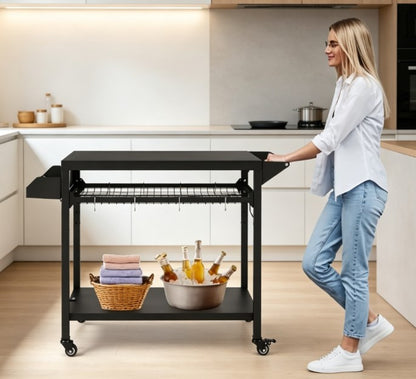 Mobile Outdoor Grill Cart and BBQ Prep Table - 3-Tier Pizza Oven Stand with Mesh Storage Rack & Utensil Hooks - Heavy Duty Rolling Bar Cart for Patio & Backyard