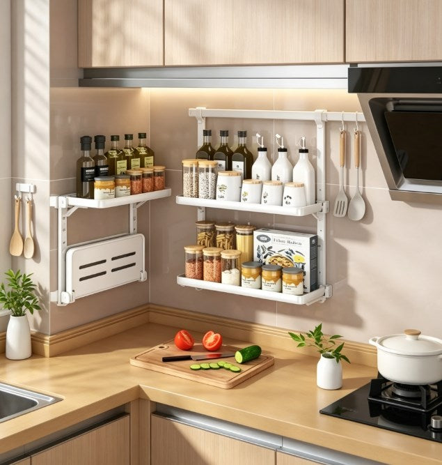 No-Drill Wall Mounted Spice Rack - Folding Kitchen Storage Organizer for Oil, Salt & Vinegar - Multi-functional Self-Adhesive Seasoning Bottle Holder