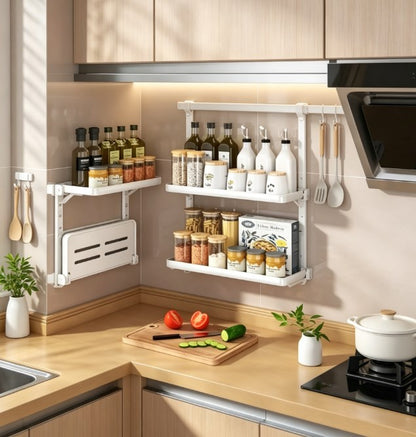 No-Drill Wall Mounted Spice Rack - Folding Kitchen Storage Organizer for Oil, Salt & Vinegar - Multi-functional Self-Adhesive Seasoning Bottle Holder