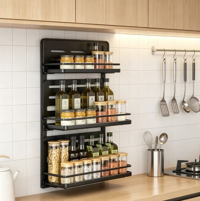 No-Drill Wall Mounted Spice Rack - Folding Kitchen Storage Organizer for Oil, Salt & Vinegar - Multi-functional Self-Adhesive Seasoning Bottle Holder