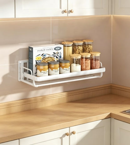 No-Drill Wall Mounted Spice Rack - Folding Kitchen Storage Organizer for Oil, Salt & Vinegar - Multi-functional Self-Adhesive Seasoning Bottle Holder