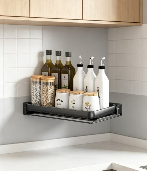 No-Drill Wall Mounted Spice Rack - Folding Kitchen Storage Organizer for Oil, Salt & Vinegar - Multi-functional Self-Adhesive Seasoning Bottle Holder