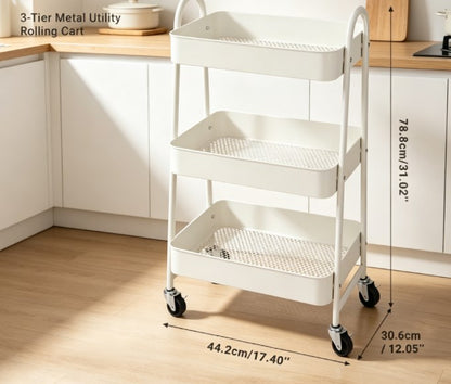 Slim Rolling Storage Cart for Narrow Places - 3-Tier Metal Mobile Shelving Unit - Space-Saving Utility Organizer with Lockable Wheels for Kitchen & Bathroom