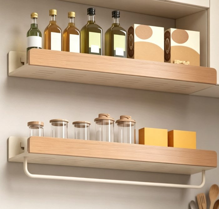 Solid Wood Wall-Mounted Spice Rack Organizer - Rustic Floating Shelves for Seasoning Bottles & Jars - Handmade Wooden Kitchen Storage Rack for Home & Pantry