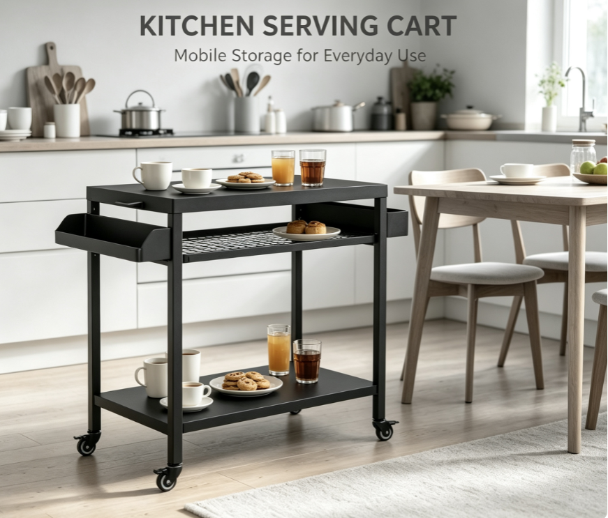 Heavy-Duty Outdoor BBQ Prep Station & Rolling Grill Cart - 3-Tier Mobile Pizza Oven Stand with Utility Hooks for Patio and Backyard