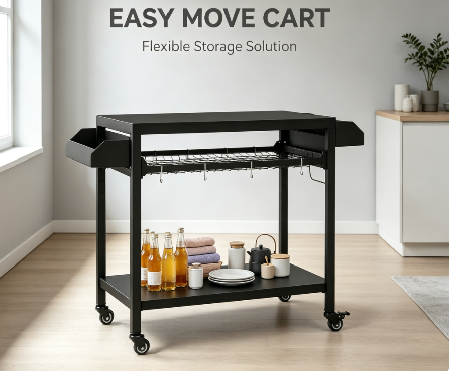 Heavy-Duty Outdoor BBQ Prep Station & Rolling Grill Cart - 3-Tier Mobile Pizza Oven Stand with Utility Hooks for Patio and Backyard