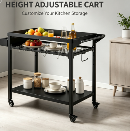 Heavy-Duty Outdoor BBQ Prep Station & Rolling Grill Cart - 3-Tier Mobile Pizza Oven Stand with Utility Hooks for Patio and Backyard