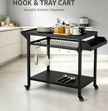 Heavy-Duty Outdoor BBQ Prep Station & Rolling Grill Cart - 3-Tier Mobile Pizza Oven Stand with Utility Hooks for Patio and Backyard
