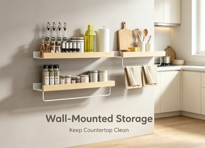 Artisan Crafted Wall Hanging Spice Rack - Natural Timber Floating Storage Ledges for Kitchen and Pantry Decor