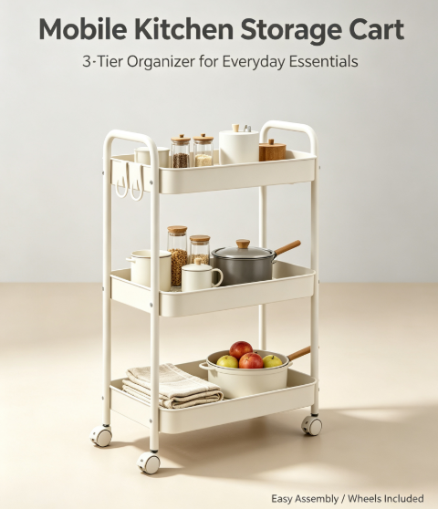 Slim Pull-Out Organizing Trolley - Mobile Caddy Shelf for Tight Gaps Between Washer, Fridge, and Cabinets